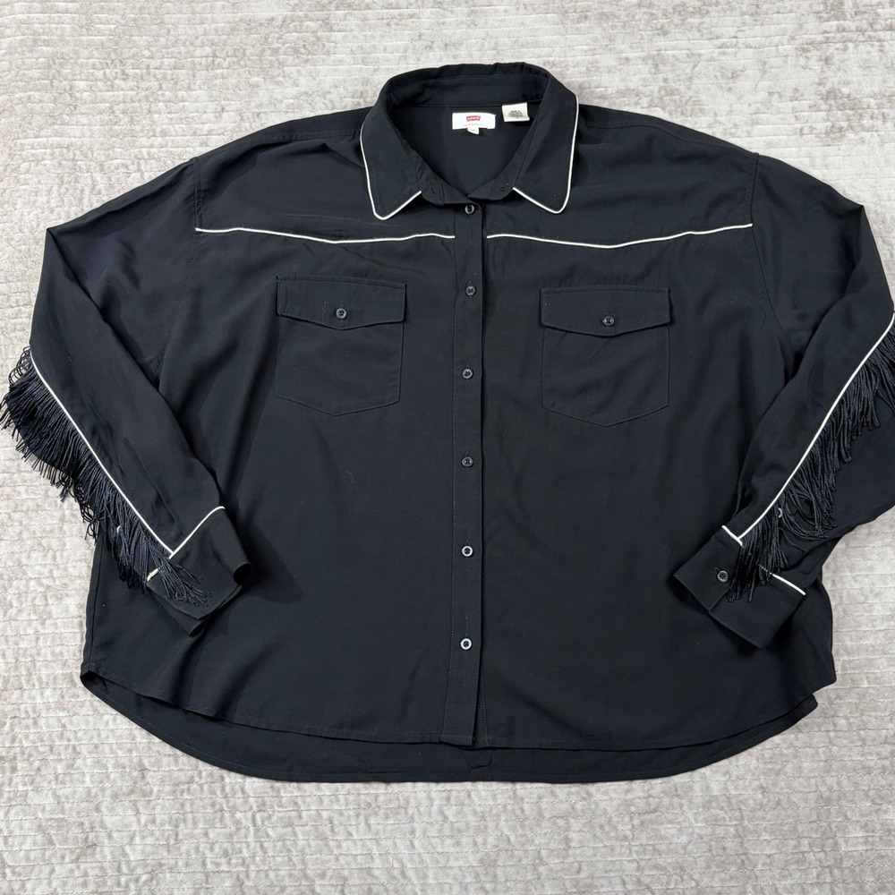 Levis‎ Womens Western Fringe Button Down Shirt Black White Piping Viscose Medium
